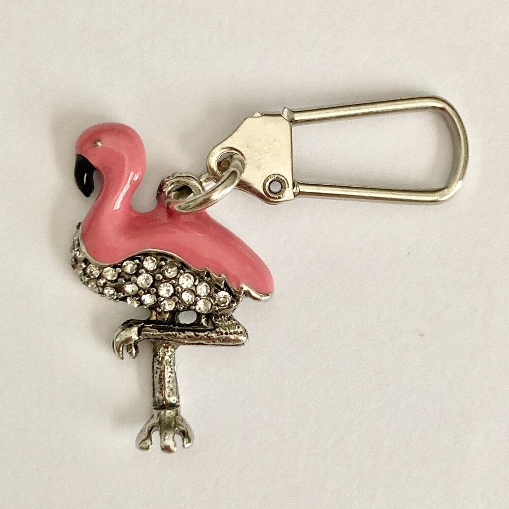 Pink Flamingo Bird Zipper Pull Clip On Purse Charm Backpack Silver Plated Island - Picture 5 of 9